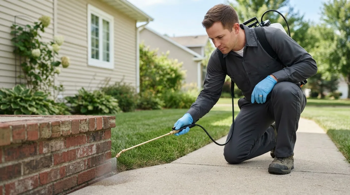 Pest control technician treating a home near Martha, OK